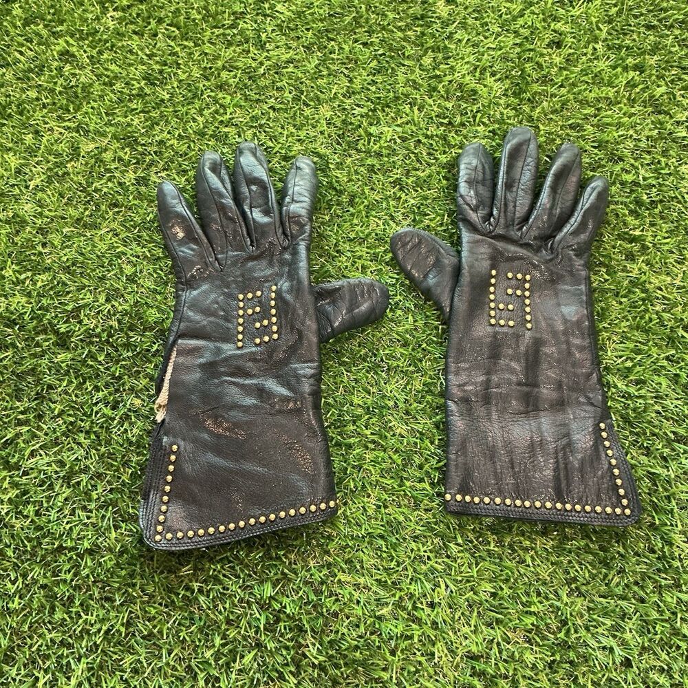 Vintage Fendi Black Leather Gloves Gold Stud FF Logo Zip Cuff Italy Designer